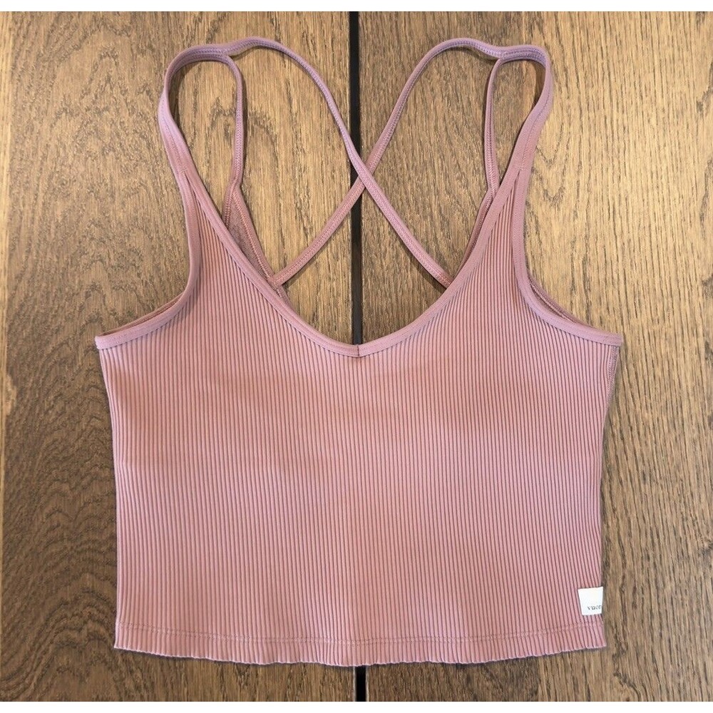 Vuori Rib Crop Tank Womens Sz XS Mauve Pink Ribbed V Neck Strappy Crossback Yoga